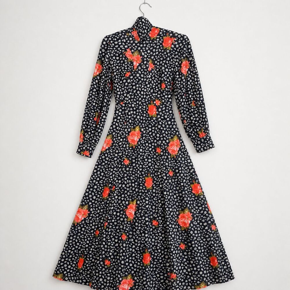 Vintage Handmade Navy Floral Dress Long Sleeve High Neck Cottagecore Midi Maxi - Picture 2 of 10